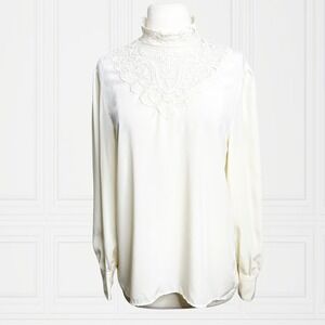 Vintage 80s Personal Cream Lace High Neck Blouse Floral Embroidery Pearl Button